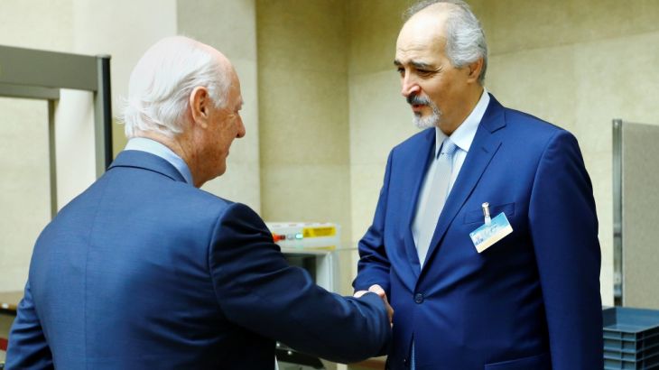 UN Special Envoy for Syria Staffan de Mistura greets Syrian government negotiator Ja''afari for a meeting during Intra Syria talks in Geneva