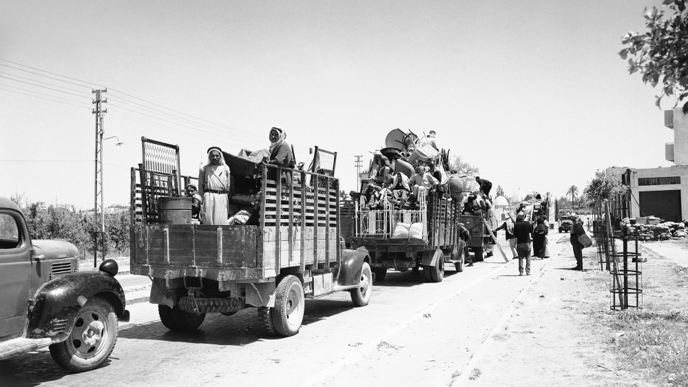 Palestinian Arabs leaving the port city of Jaffa as Zionist forces advanced on the city [Associated Press]