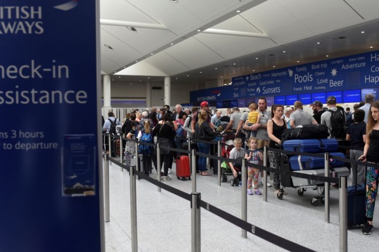 the British Airways check-in desk at Gatwick Airport