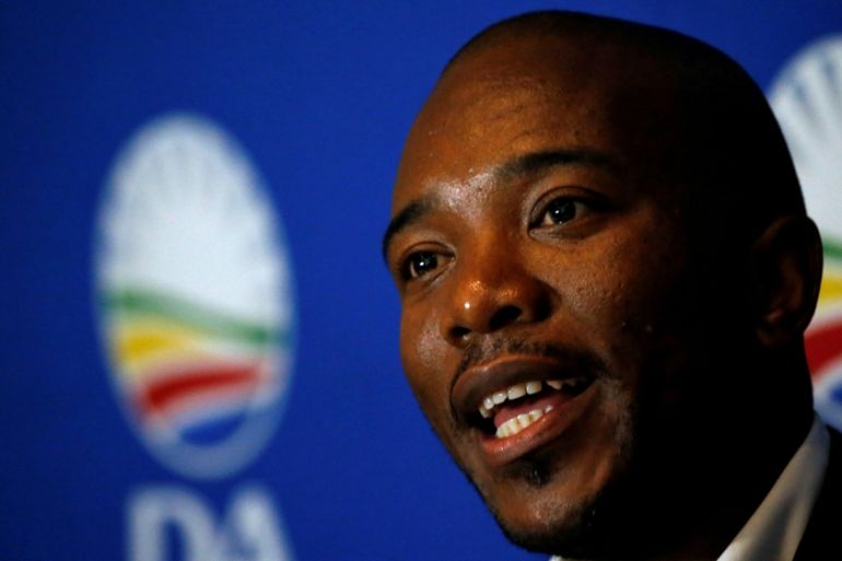 FILE PHOTO: Leader of South Africa''s Democratic Alliance (DA) Mmusi Maimane speaks during a news conference in Johannesburg, South Africa
