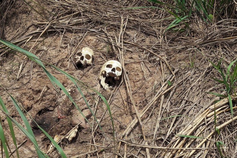 Human skulls suspected to belong to victims of a recent combat between government army and Kamuina Nsapu militia are seen on the roadside in Tshienke near Kananga, the capital o
