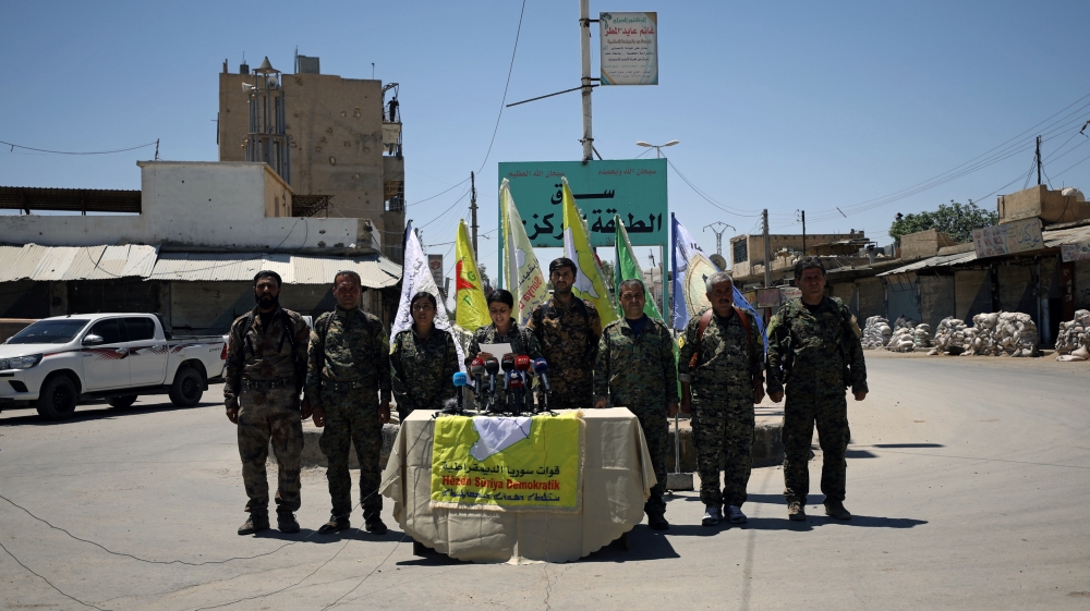 SDF officials hold a press conference in Tabqa [Rodi Said/Reuters]