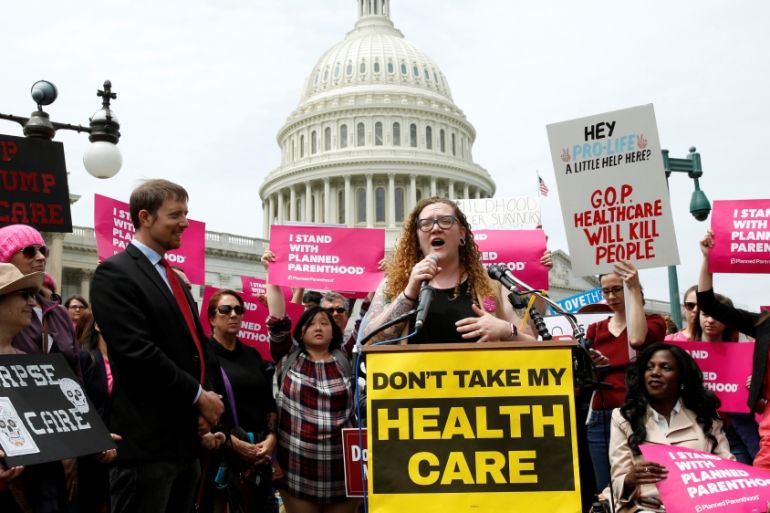 Protesters rally during U.S. House voting on the American Health Care Act, which repeals major parts of the 2000 Affordable Care Act know as Obamacare on Capitol Hill in Washington