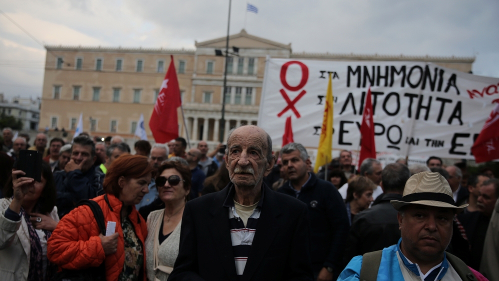 Demonstrators gathered outside the parliament in Athens [Alkis Konstantinidis/Reuters]