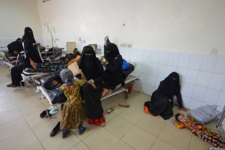 Girl infected with cholera lies on the ground of a hospital room in the Red Sea port city of Hodeidah, Yemen