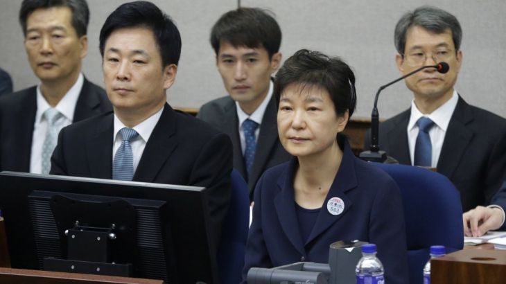 Former South Korean President Park Geun-hye sits for her trial at the Seoul Central District Court in Seoul, South Korea
