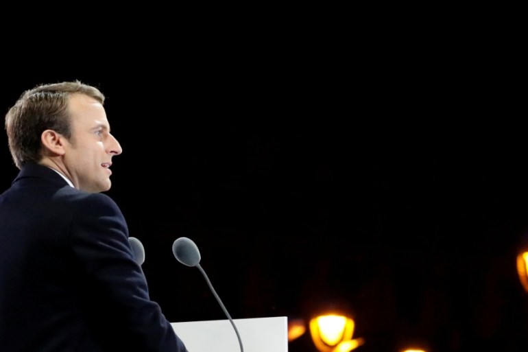 French President elect Emmanuel Macron delivers a speech during his victory rally near the Louvre museum after results in the 2017 presidential election in Paris