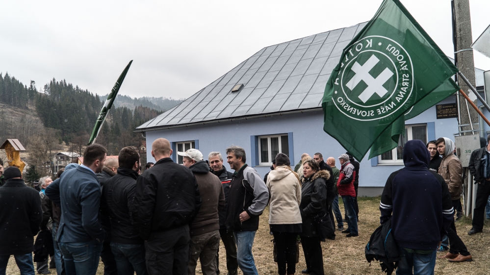 Dozens of Kotleba supporters gathered in Oscadnica to commemorate the First Slovak Republic [Sorin Furcoi/Al Jazeera]