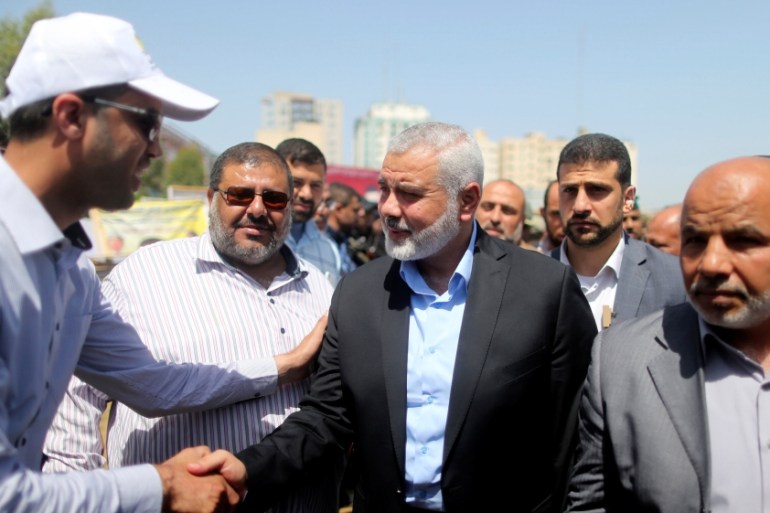 Ismail Haniyeh, newly elected head of Hamas political office, arrives to visit a sit-in in support of Palestinian prisoners on hunger strike in Israeli jails, in Gaza City