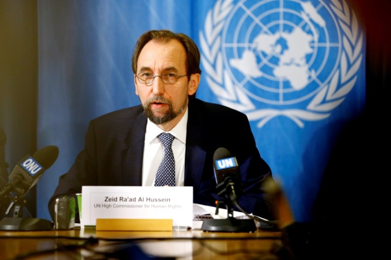 UN High Commissioner for Human Rights Zeid Ra''ad al-Hussein of Jordan speaks during a news conference in Geneva