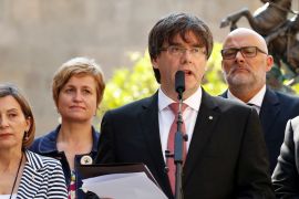 Catalonia''s regional President Carles Puigdemont announces a referendum on a split from Spain outside the Palau de la Generalitat, the regional government headquarters, in Barcelona