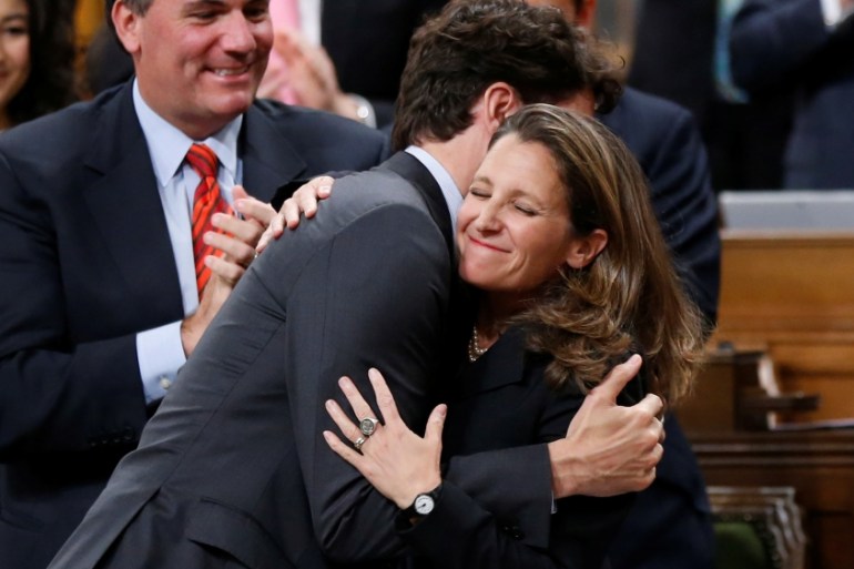 Canada''s PM Trudeau embraces Foreign Affairs Minister Freeland after she delivered a speech in the House of Commons in Ottawa