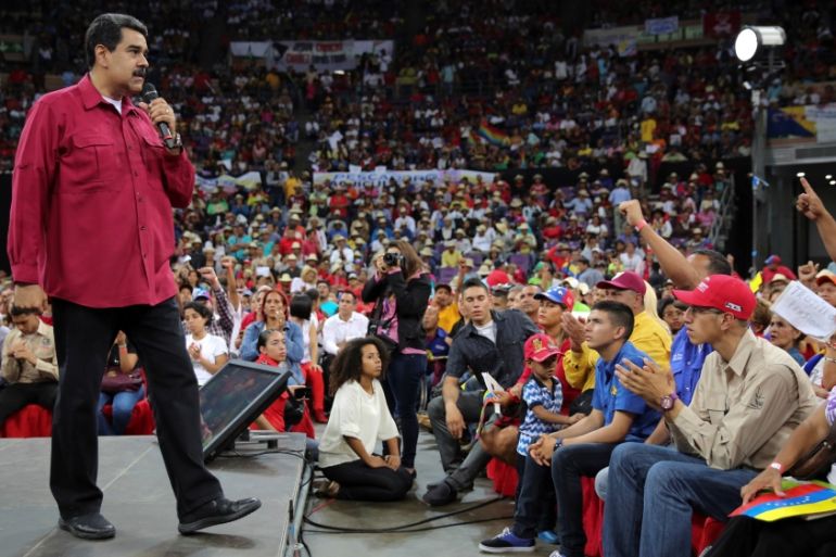 Venezuela''s President Nicolas Maduro speaks during a gathering in support of him and his proposal for the National Constituent Assembly in Caracas