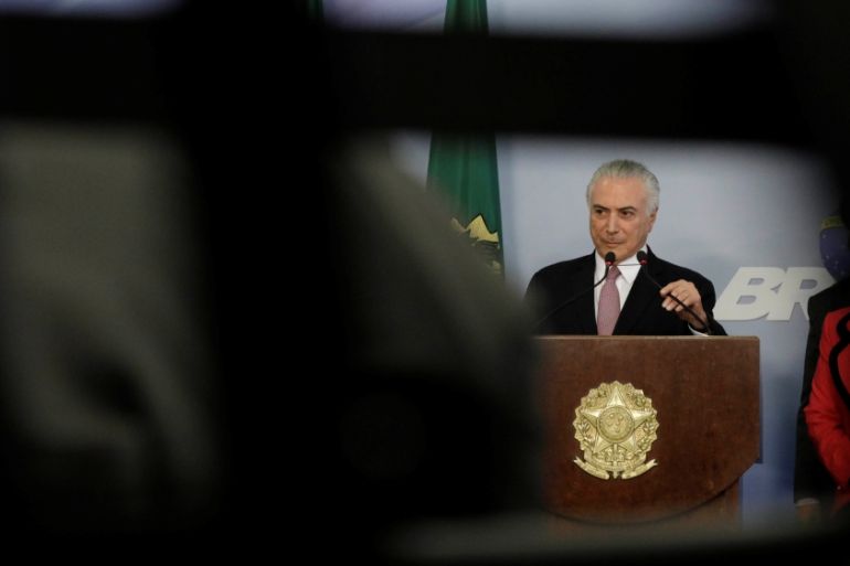 Brazilian President Michel Temer speaks during a press statement at Planalto Palace in Brasilia