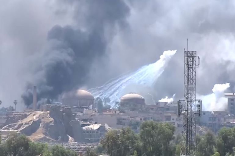 YouTube screen grab of white phosphorus in Mosul, Iraq