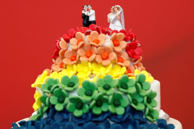 A cake is seen in the SPD fraction headquarters after a session of the lower house of parliament Bundestag voted on legalising same-sex marriage, in Berlin