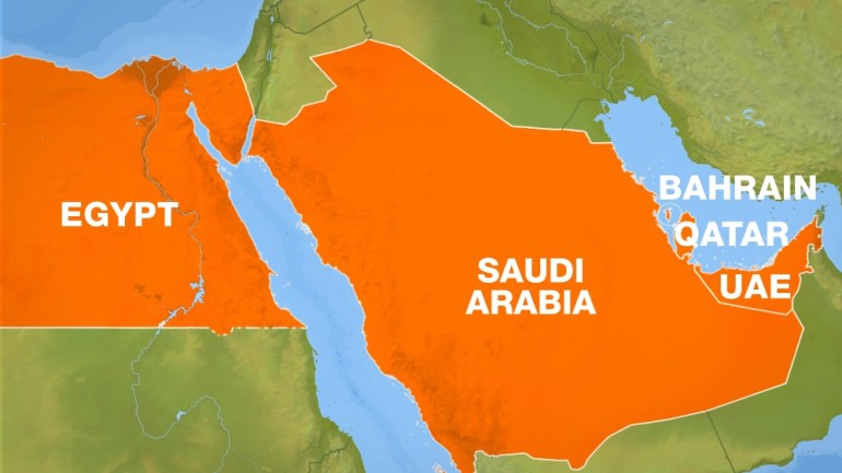 Map of Qatar, Bahrain, UAE, Saudi and Egypt