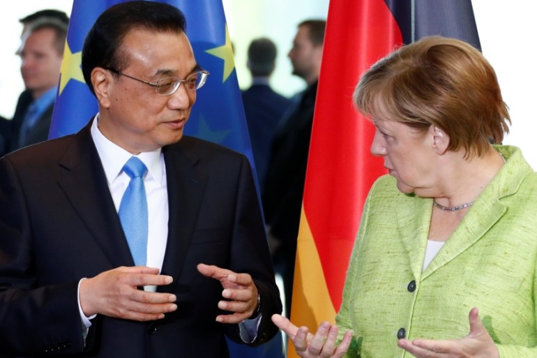German Chancellor Angela Merkel and Chinese Premier Li Keqiang at the Chancellery in Berlin