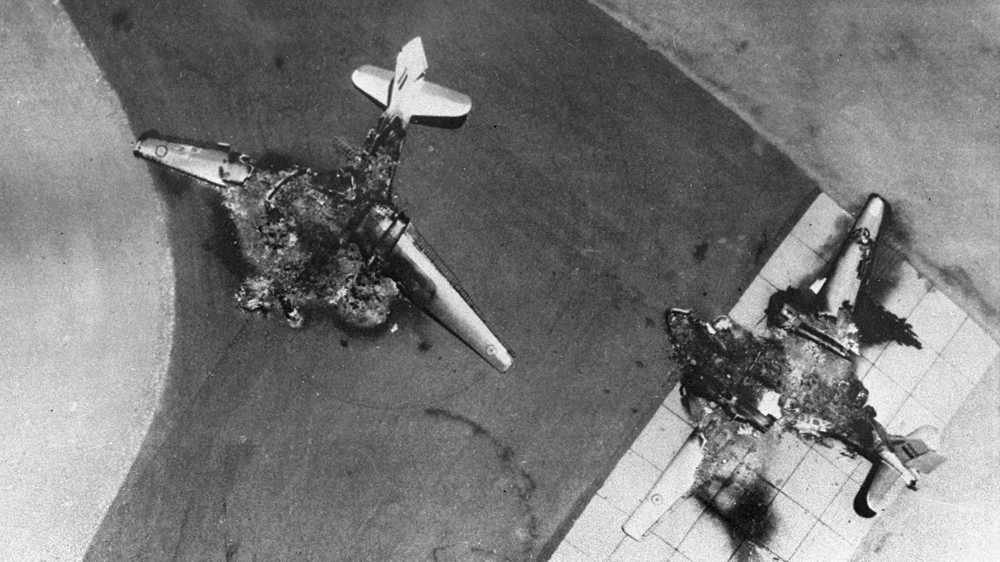 Egyptian warplanes lie destroyed on the tarmac after an Israeli Air Force strike on June 5, 1967, against Egyptian airfields at the start of the June War [Getty Images]