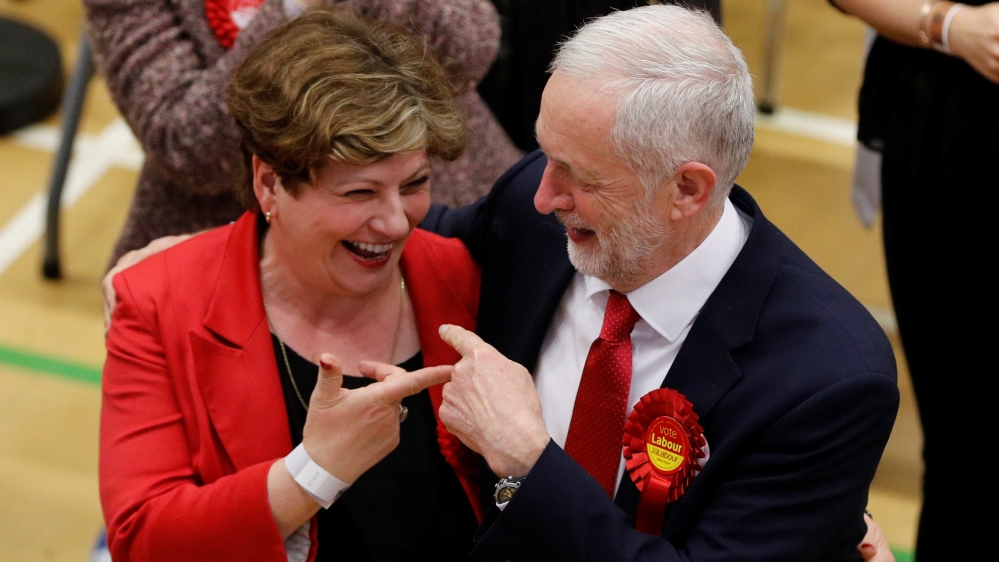 Corbyn celebrates Labour's surprising result with Shadow Foreign Secretary Emily Thornberry [Darren Staples/Reuters]