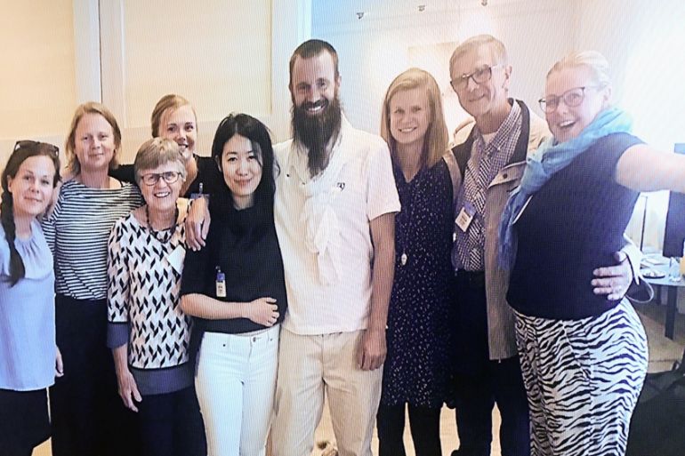 A picture of freed hostage Johan Gustafsson and his family at Arlanda airport after his arrival in Sweden on Monday, is shown during a press conference with Swedish Foreign Minister Wallstrom