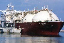 A Qatari liquid natural gas (LNG) tanker ship being loaded up with at Raslaffans Sea Port, northern Qatar.
