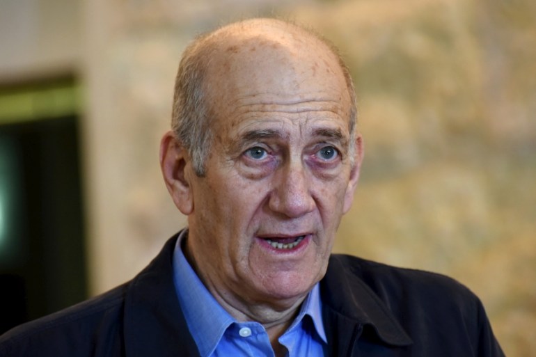 Former Israeli Prime Minister Olmert speaks to the media after a hearing at the Supreme Court in Jerusalem