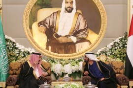 Saudi King Salman meets with Sheikh Mohammed bin Rashid al-Maktoum, Prime Minister and Vice-President of the United Arab Emirates and ruler of Dubai, in Abu Dhabi