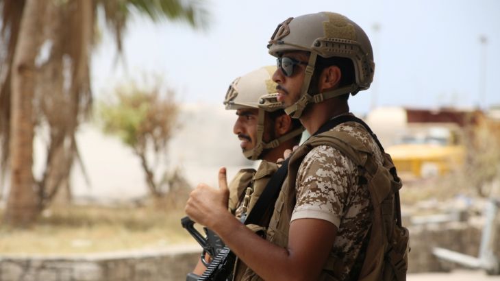 UAE soldiers stand guard in Aden, Yemen
