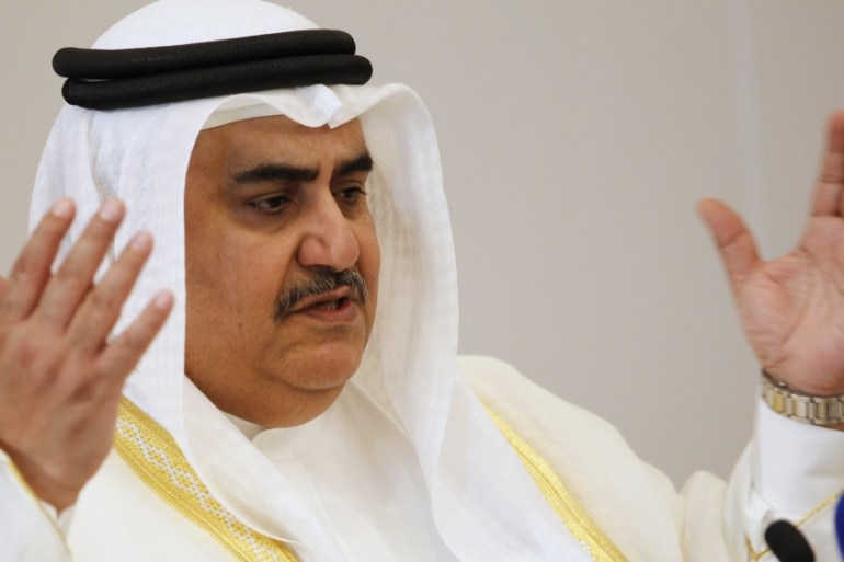 Bahrain Foreign Minister Sheikh Khalid bin Ahmed al-Khalifa speaks during the press briefing of the Third GCC-ASEAN Ministerial Meeting in Manama