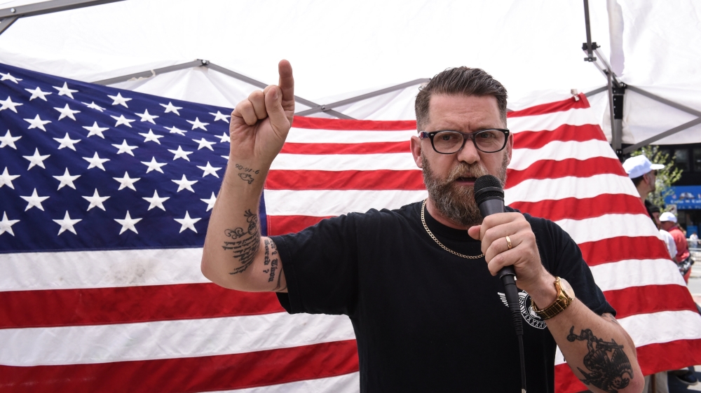 Gavin McInnes of the Proud Boys speaks at the National March Against Sharia in New York City [Stephanie Keith/Reuters]