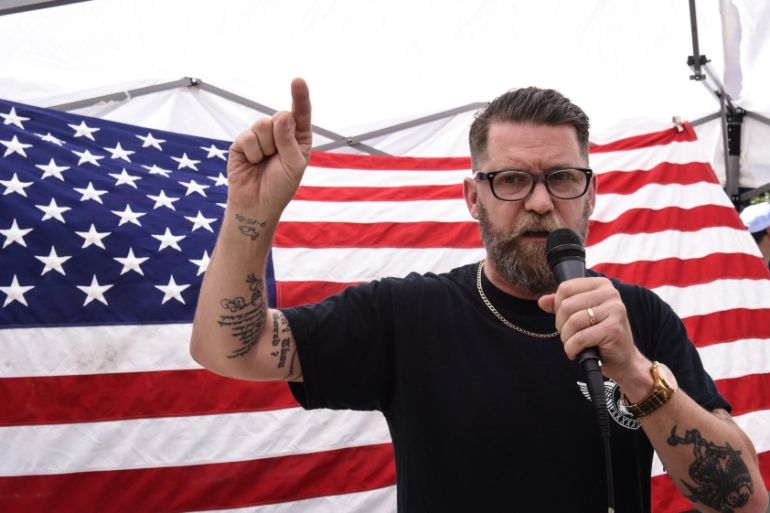 Gavin McInnes speaks during an event called "March Against Sharia" in New York City