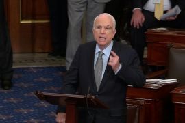 Still image from video shows U.S. Senator McCain speaking on the floor of the U.S. Senate after a vote on healthcare reform in Washington