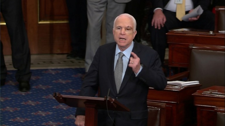 Still image from video shows U.S. Senator McCain speaking on the floor of the U.S. Senate after a vote on healthcare reform in Washington
