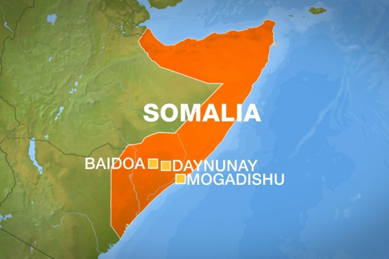 Somalia map showing Baidoa, Daynunay and Mogadishu