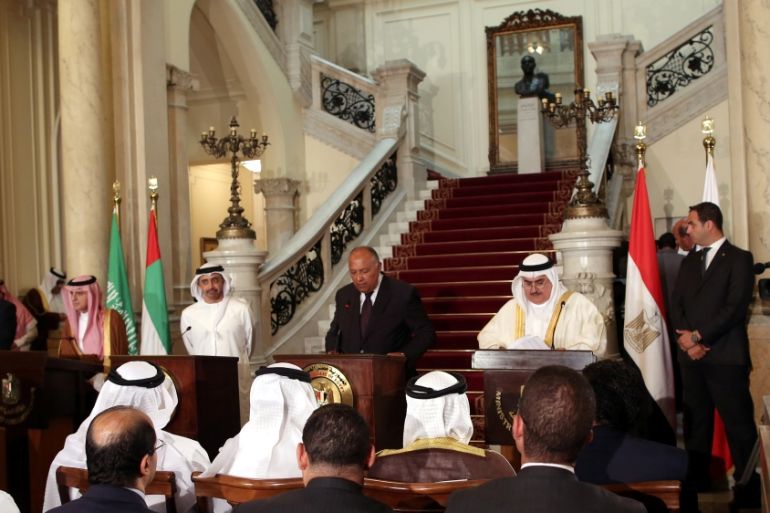 Arab foreign ministers attend a press conference after their meeting that discussed the diplomatic situation with Qatar, in Cairo