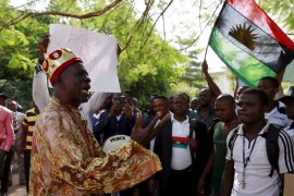 Traditional ruler Prince Ozo Onna joins supporters of Indigenous People of Biafra (IPOB) leader Nnamdi Kanu in a rally, as he is expected to appear at a magistrate court in Abuja