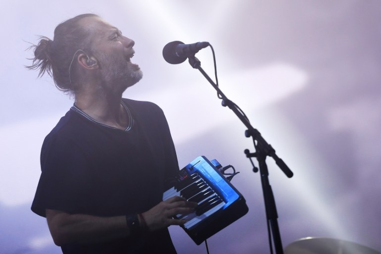 Radiohead performs on the Pyramid Stage at Worthy Farm in Somerset during the Glastonbury Festival
