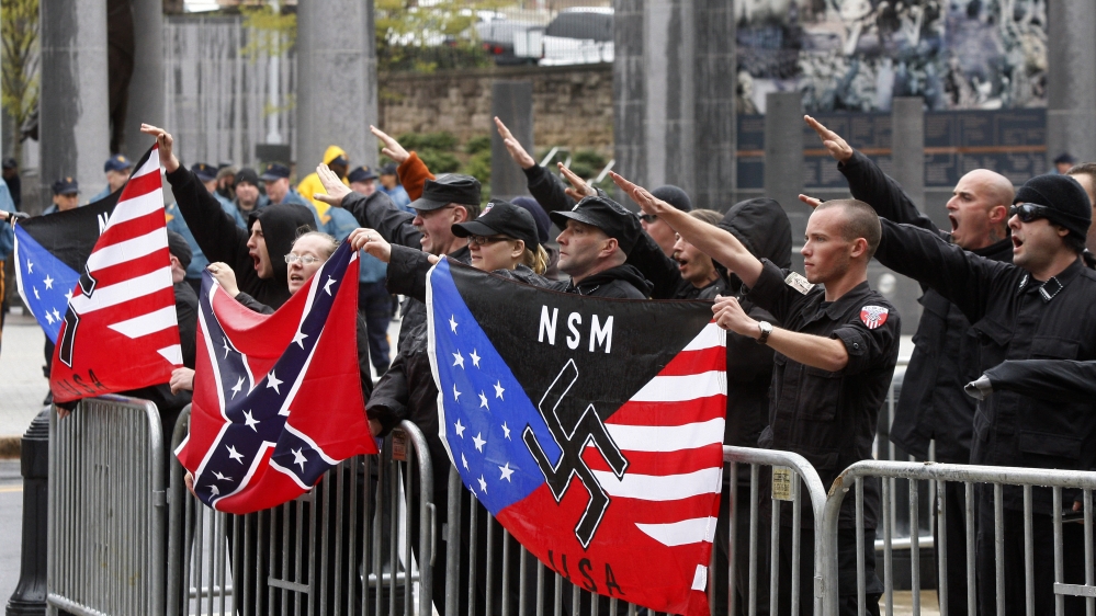 Members of the National Socialist Movement demonstrate in Washington, DC, in 2008 [File: Haraz N. Ghanbari/The Associated Press]