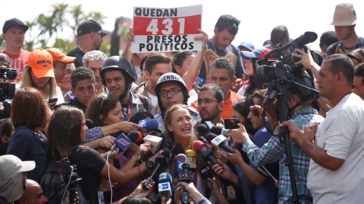 Lilian Tintori, wife of Venezuela''s opposition leader Leopoldo Lopez, talks to the media during a rally against Venezuela''s President Nicolas Maduro in Caracas