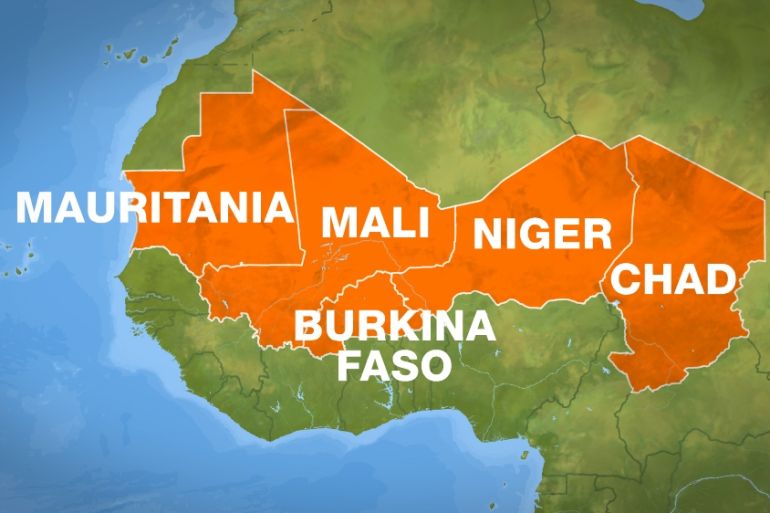 Mali, Mauritania, Burkina Faso, Niger and Chad map
