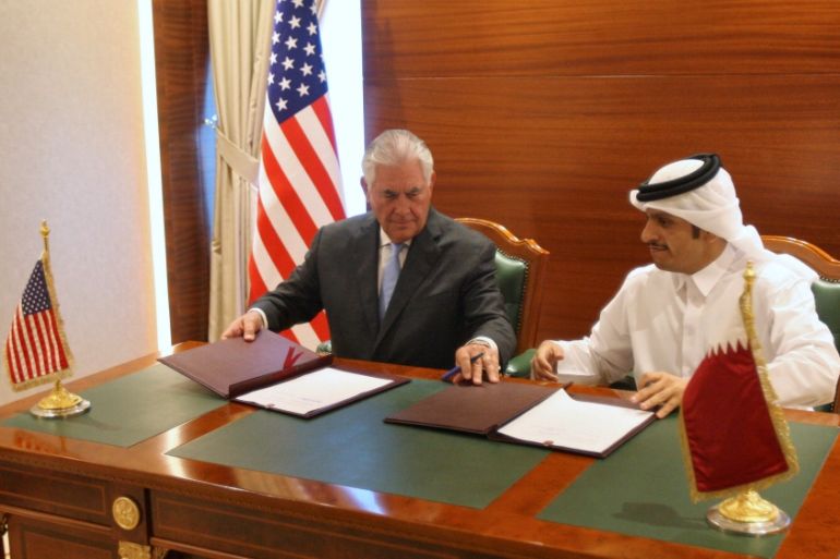 Qatar''s foreign minister Sheikh Mohammed bin Abdulrahman al-Thani and U.S. Secretary of State Rex Tillerson sign a memorandum of understanding in Doha