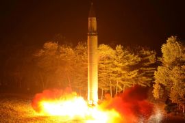 Intercontinental ballistic missile (ICBM) Hwasong-14 is pictured during its second test-fire