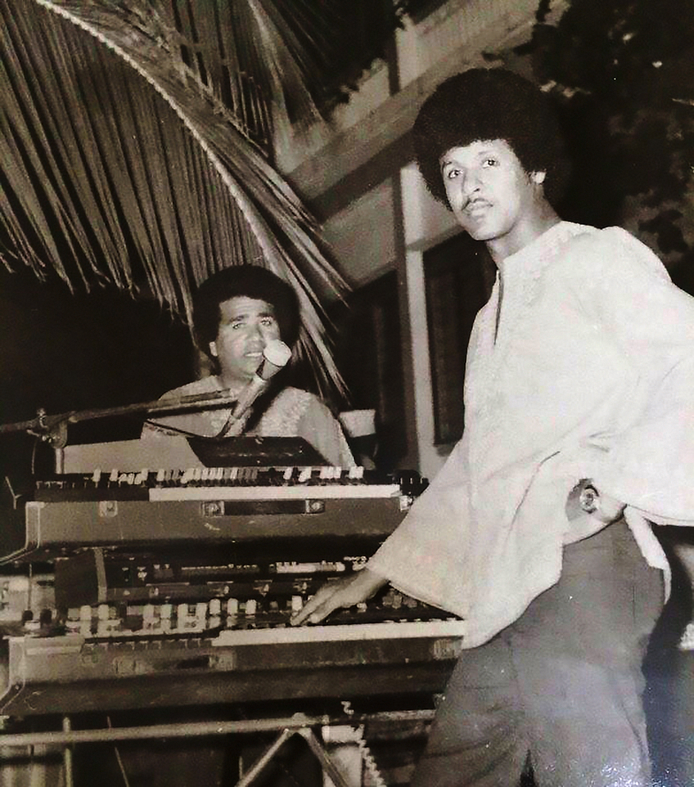 Multi-instrumentalist and vocalist, Mahmud Abdalla 'Jerry' Hussen, right, and Axmed Naaji, legendary composer and founder of Sharero Band, in late 1970s Mogadishu [Photo courtesy of Mahmud Abdalla Hussen]