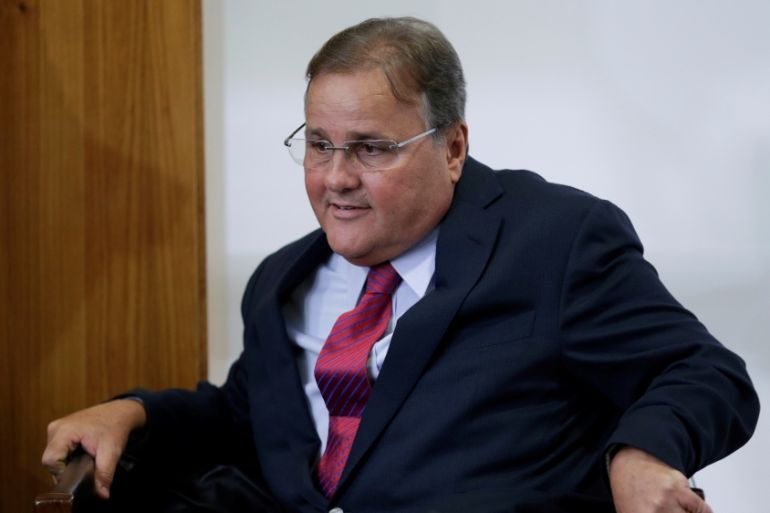 Brazilian minister Geddel Vieira Lima gestures during a meeting with deputies and government leaders of the Chamber of Deputies, in his office at the Planalto Palace in Brasilia