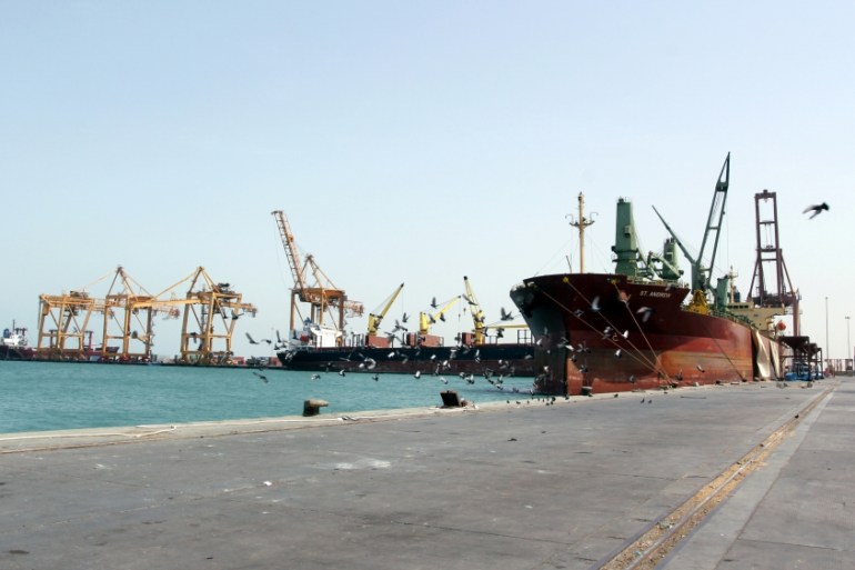 A ship is docked at the Red Sea port of Hodeidah