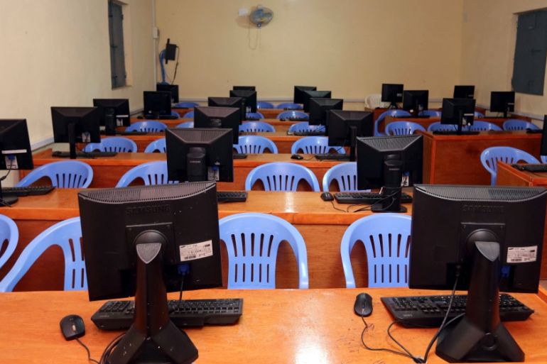 An empty computer science classroom is seen at the University of Somalia in Mogadishu