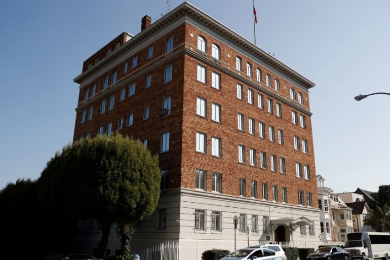 The entrance to the building of the Consulate General of Russia is shown in San Francisco