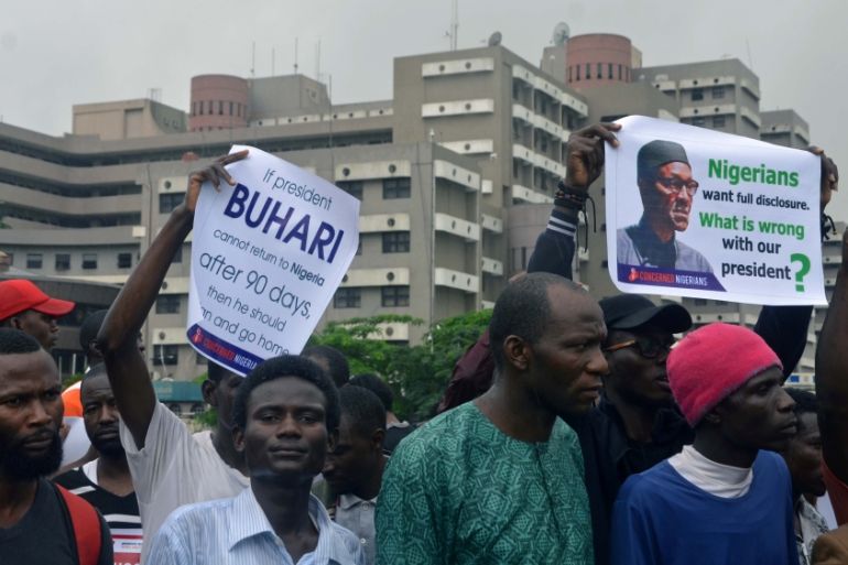 Supporters of the Our mumu don do movement attend a protest demanding that President Muhammadu Buhari resume or resign, in Abuja