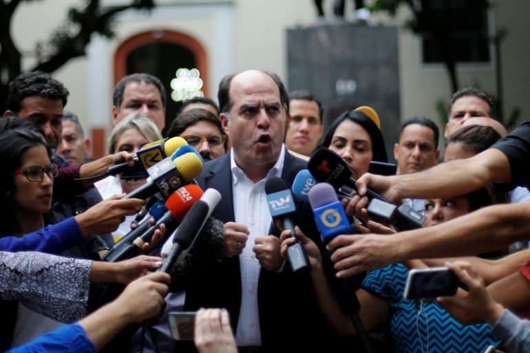 President of the National Assembly and lawmaker of MUD Borges speaks during a news conference in Caracas